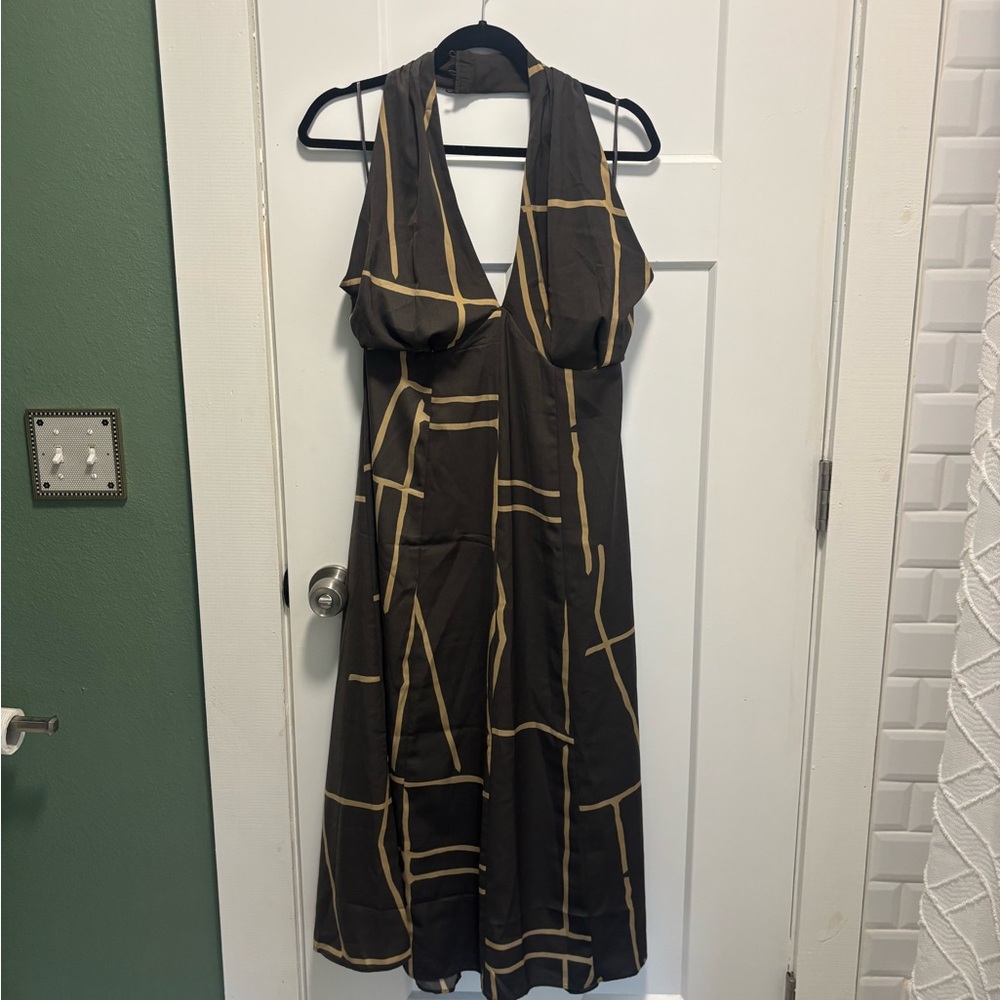 Banana Republic Brown Halter Midi Dress with Geometric Pattern Size 4